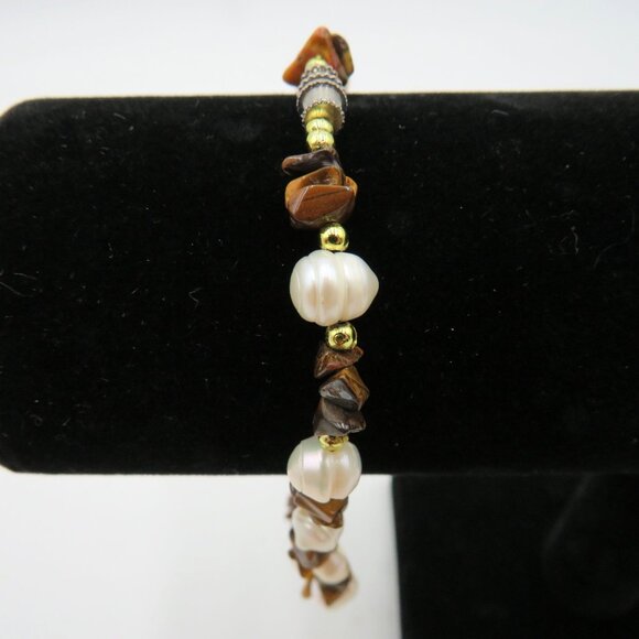 Fresh Water Pearl & Tiger Eye 10.5" Anklet Gold Tone Spacer Beads & Clasp - Picture 2 of 6